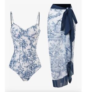 Womens Toile de Jouy One Piece Swimsuit and Wrap Skirt Set Blue White S NWT